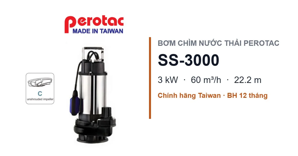Bơm Chìm Nước Thải Perotac SS-3000 3kW – 60m³/h, Cột Áp 22.2m