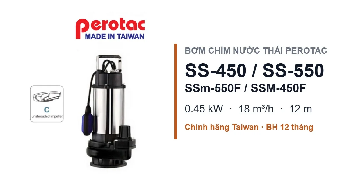 Bơm Chìm Nước Thải Perotac SS-450, SS-550 0.45kW – 18m³/h, Cột Áp 12m