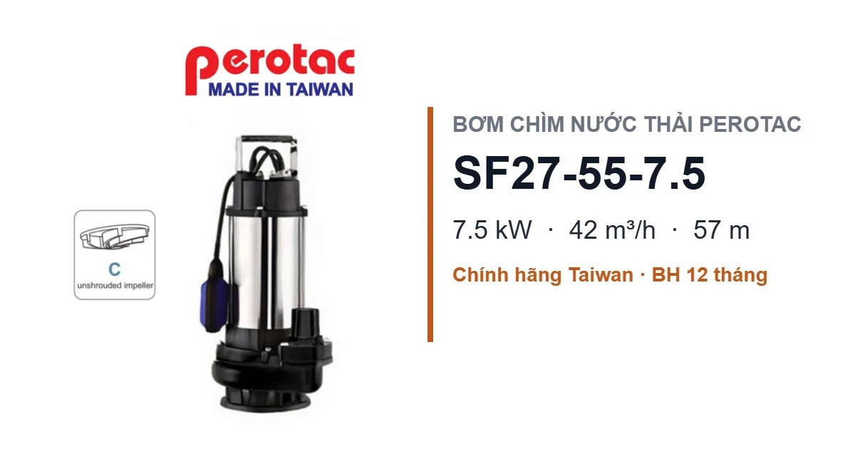 Bơm Chìm Nước Thải Perotac SF27-55-7.5 7.5kW – 42m³/h, Cột Áp 57m